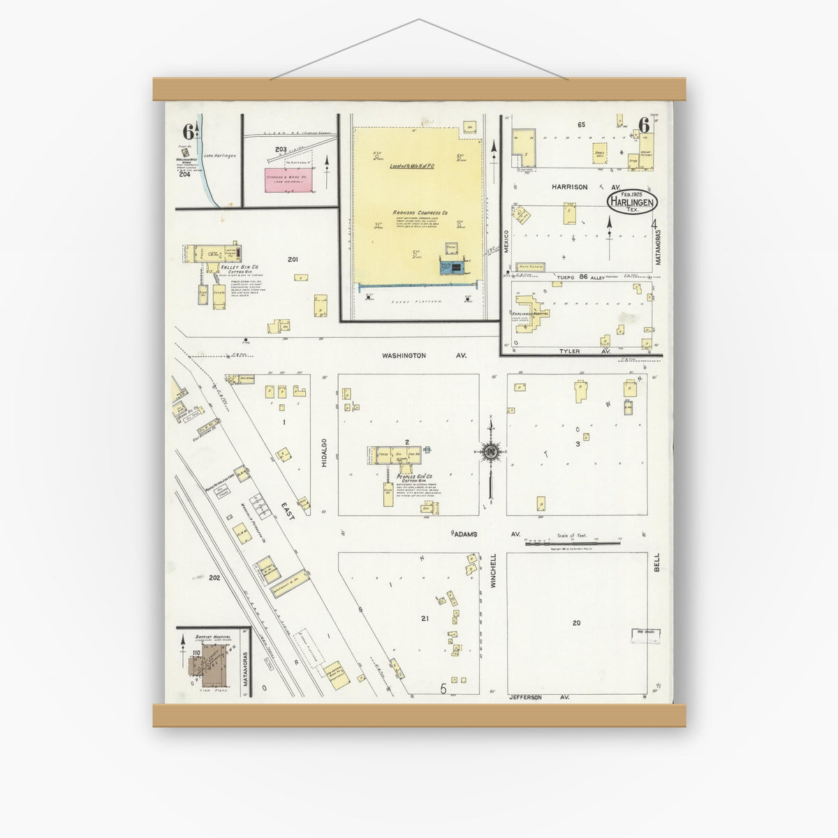 Old map wall art mockup — magnetic wood frame on white wall — Sanborn Fire Insurance Map from Harlingen, Cameron County, Texas (1925), Sheet #0006