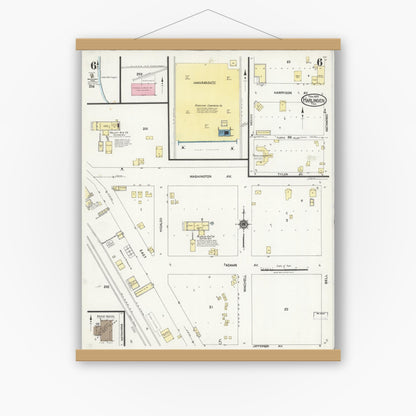 Old map wall art mockup — magnetic wood frame on white wall — Sanborn Fire Insurance Map from Harlingen, Cameron County, Texas (1925), Sheet #0006