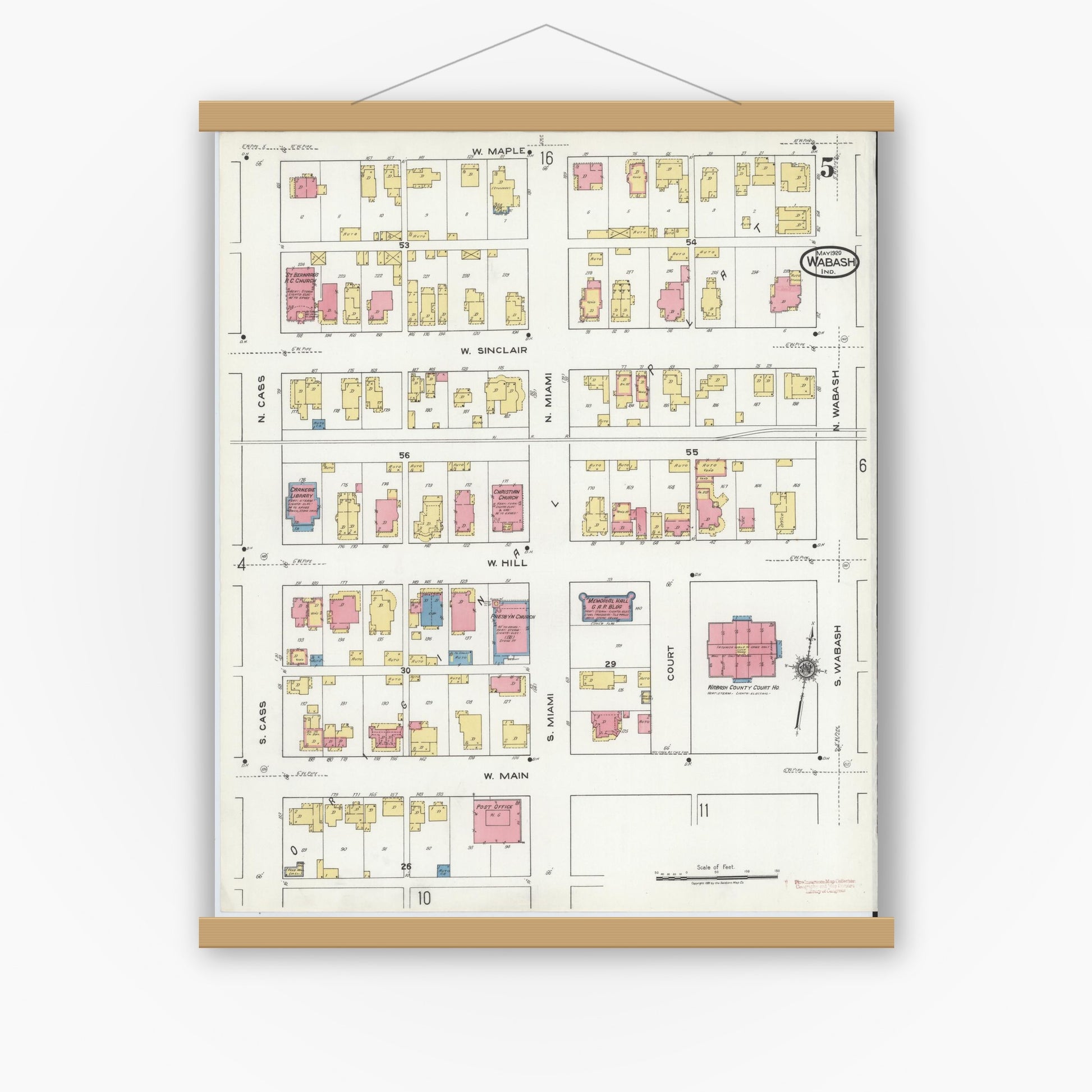 Old map wall art mockup — magnetic wood frame on white wall — Sanborn Fire Insurance Map from Wabash, Wabash County, Indiana (1920), Sheet #0005