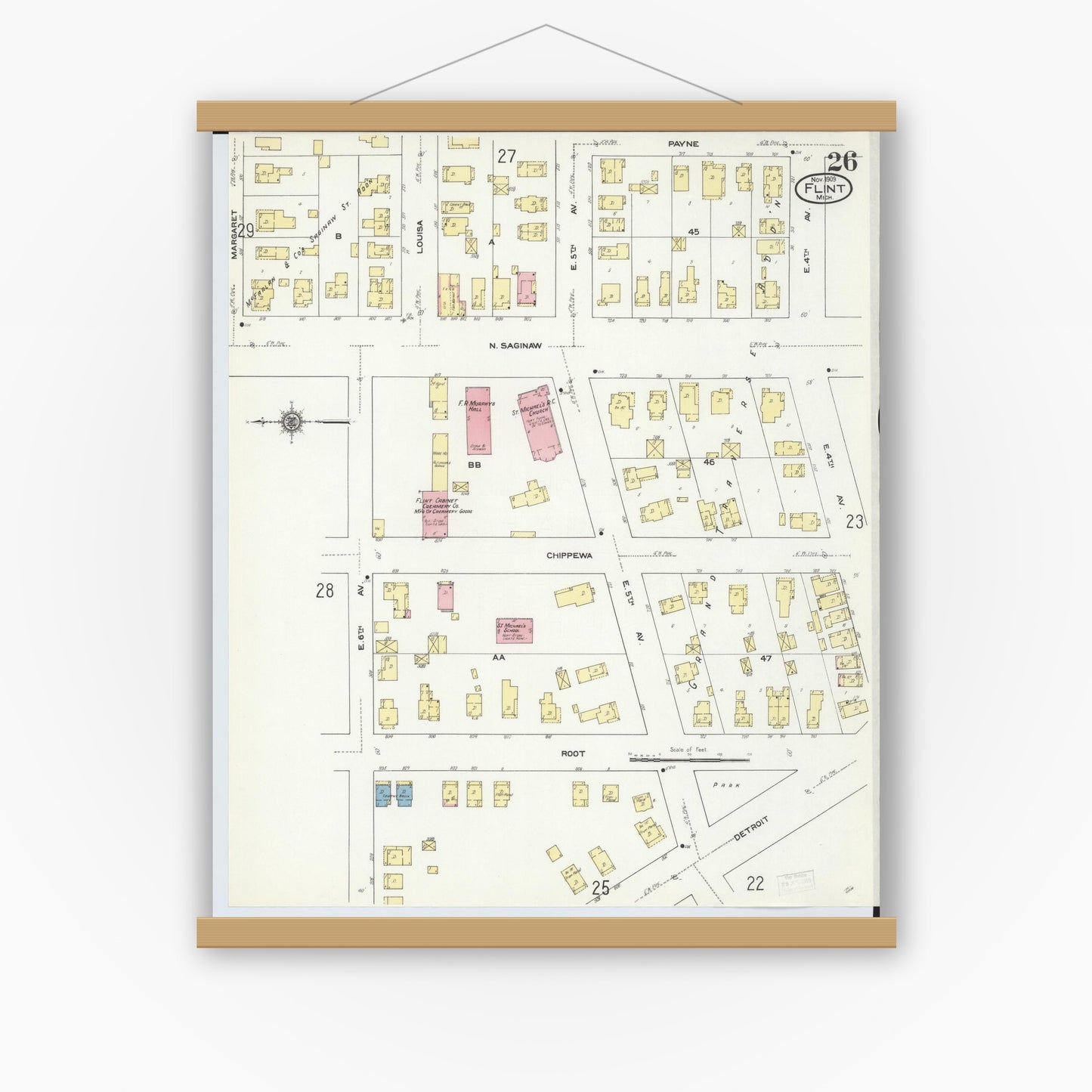 Old map wall art mockup — magnetic wood frame on white wall — Sanborn Fire Insurance Map from Flint, Genesee County, Michigan (1909), Sheet #0026
