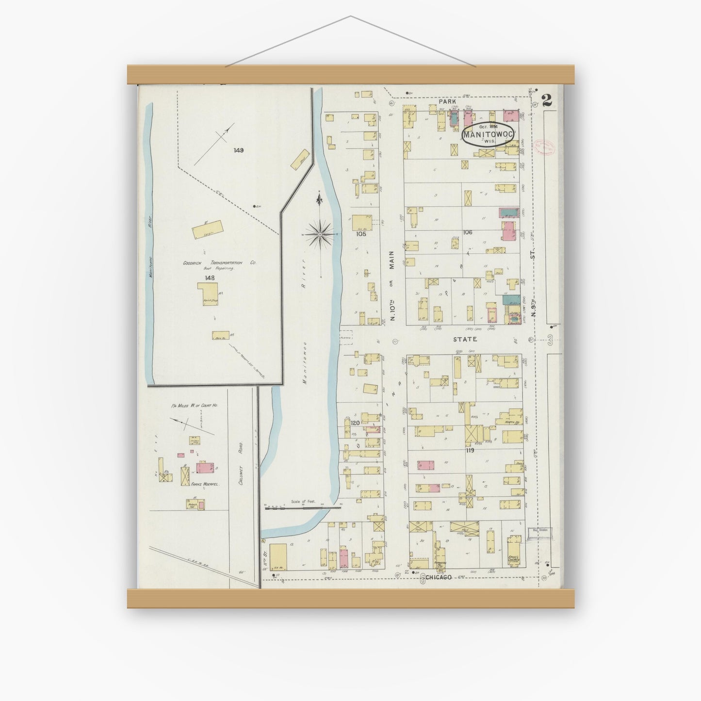 Old map wall art mockup — magnetic wood frame on white wall — Sanborn Fire Insurance Map from Manitowoc, Manitowoc County, Wisconsin (1894), Sheet #0002