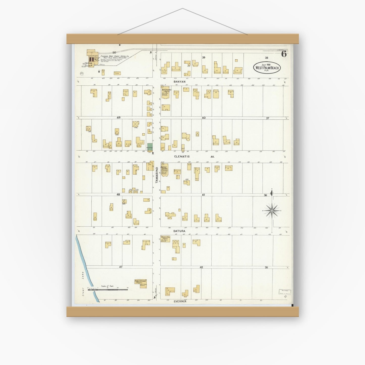 Old map wall art mockup — magnetic wood frame on white wall — Sanborn Fire Insurance Map from West Palm Beach, Dade County, Florida (1908), Sheet #0006