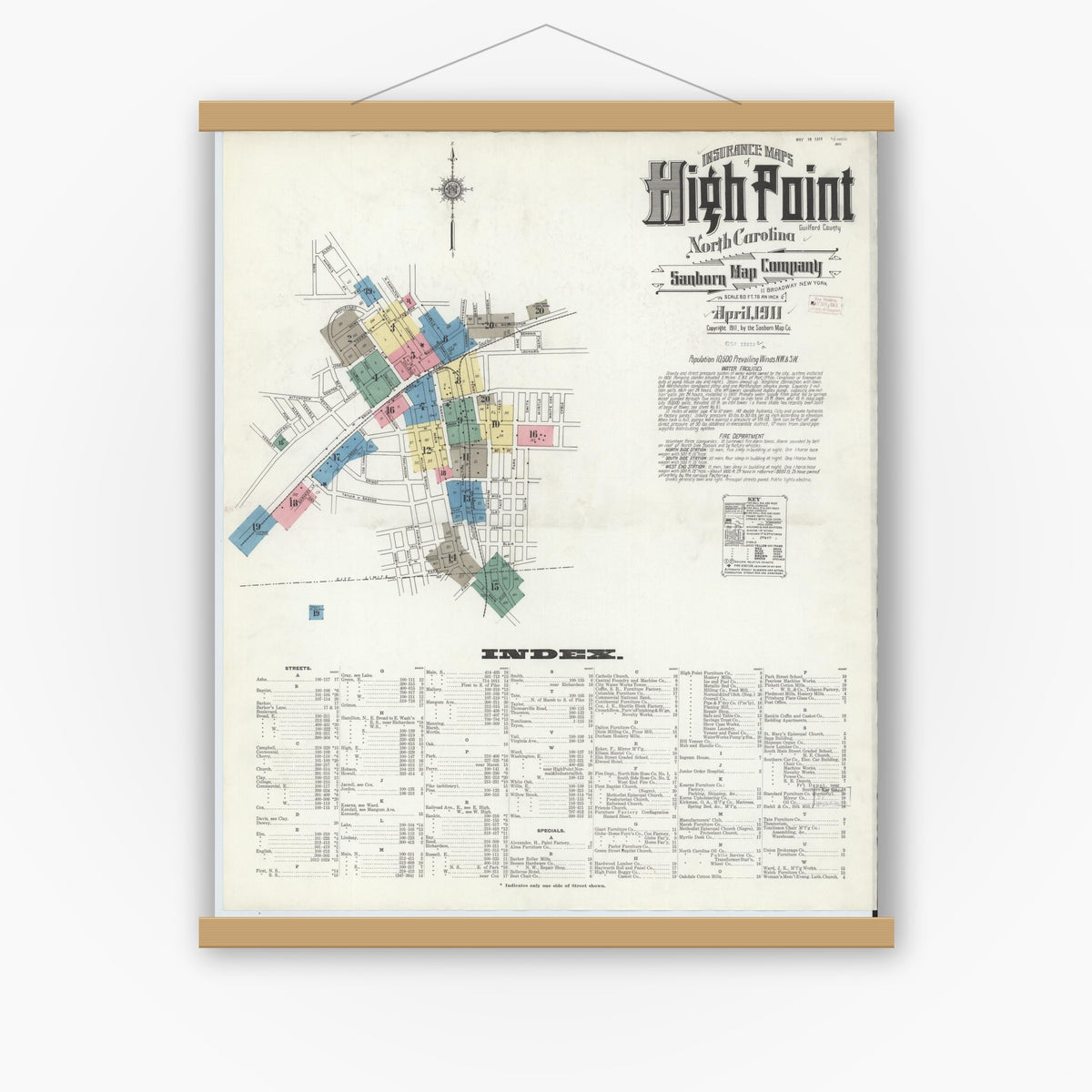 Old map wall art mockup — magnetic wood frame on white wall — Sanborn Fire Insurance Map from High Point, Guilford County, North Carolina (1911) - Complete Map Set