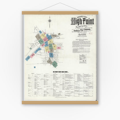 Old map wall art mockup — magnetic wood frame on white wall — Sanborn Fire Insurance Map from High Point, Guilford County, North Carolina (1911) - Complete Map Set