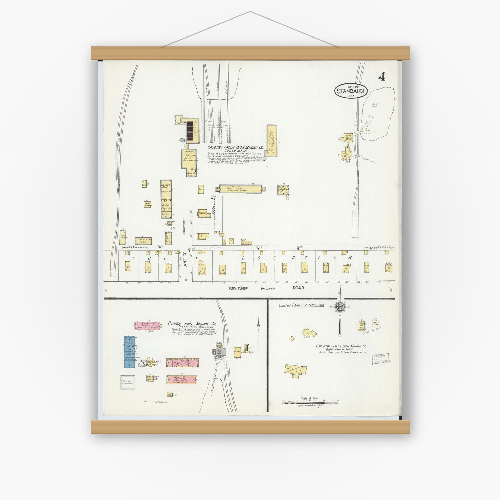 Old map wall art mockup — magnetic wood frame on white wall — Sanborn Fire Insurance Map from Stambaugh, Iron County, Michigan (1922), Sheet #0004
