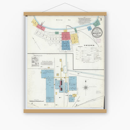 Old map wall art mockup — magnetic wood frame on white wall — Sanborn Fire Insurance Map from Munising, Alger County, Michigan (1906), Sheet #0001