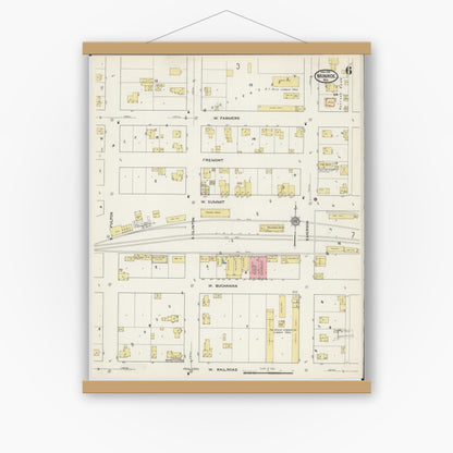 Old map wall art mockup — magnetic wood frame on white wall — Sanborn Fire Insurance Map from Monroe, Green County, Wisconsin (1915), Sheet #0006