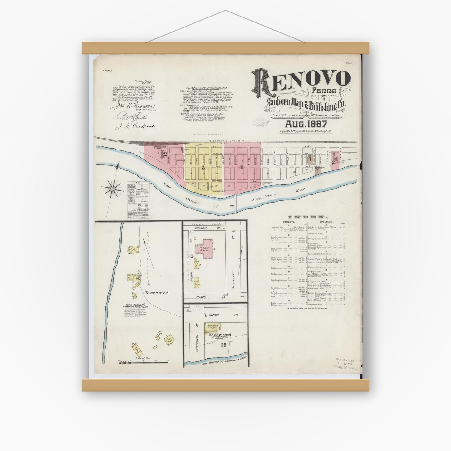 Old map wall art mockup — magnetic wood frame on white wall — Sanborn Fire Insurance Map from Renovo, Clinton County, Pennsylvania (1887) - Complete Map Set