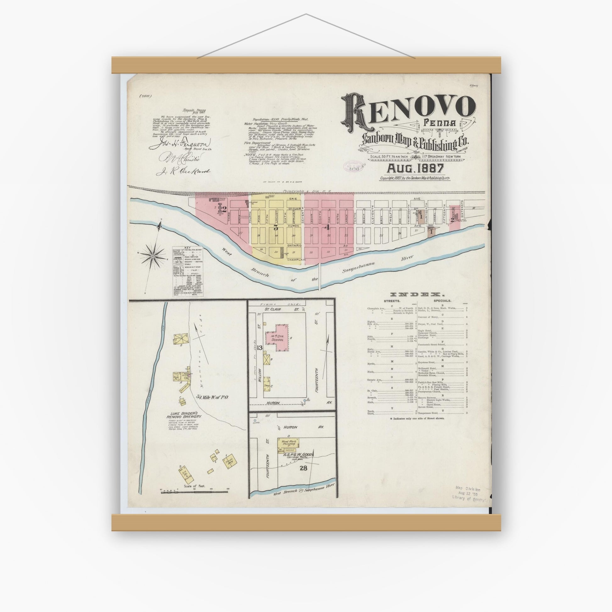 Old map wall art mockup — magnetic wood frame on white wall — Sanborn Fire Insurance Map from Renovo, Clinton County, Pennsylvania (1887) - Complete Map Set