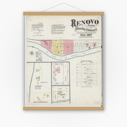 Old map wall art mockup — magnetic wood frame on white wall — Sanborn Fire Insurance Map from Renovo, Clinton County, Pennsylvania (1887) - Complete Map Set
