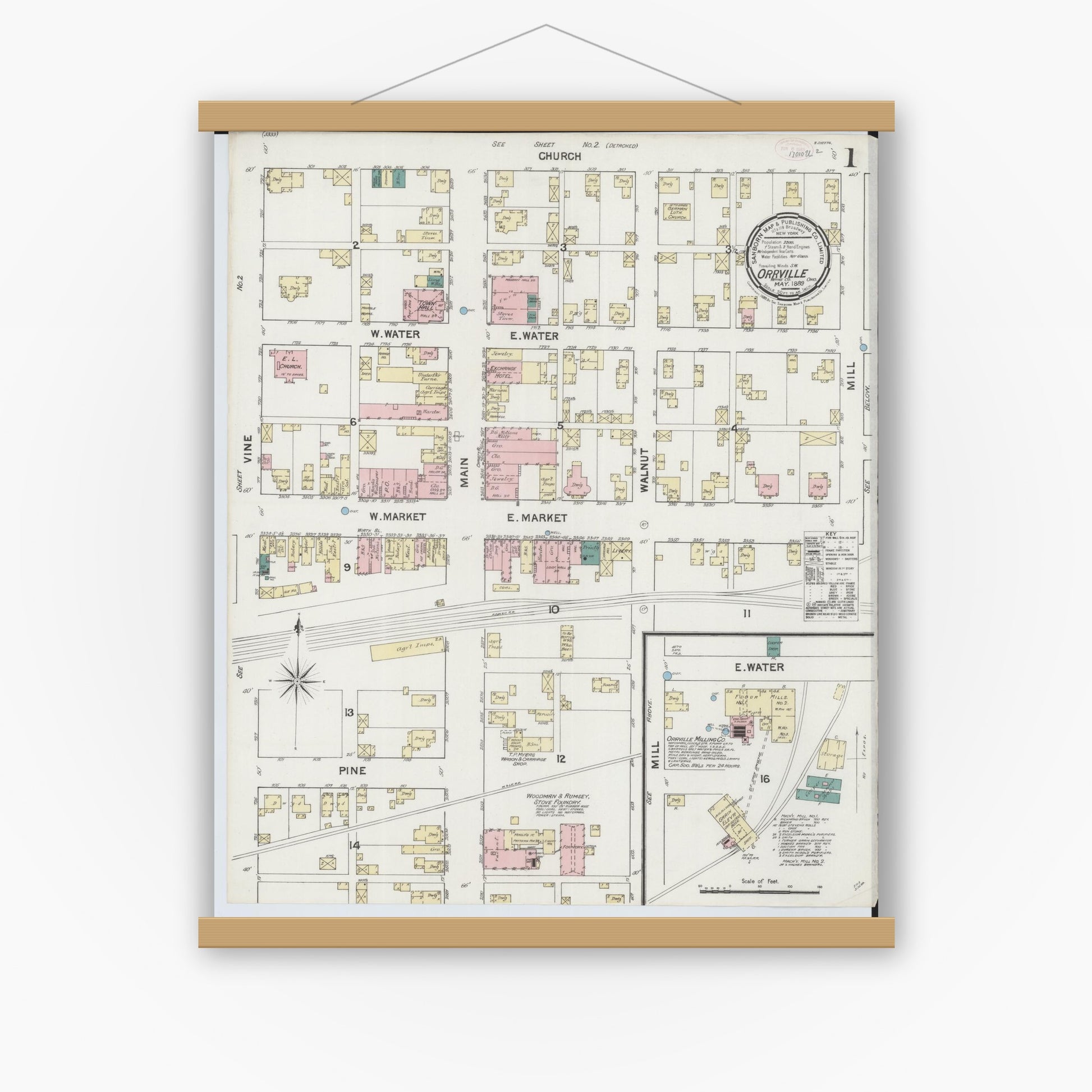 Old map wall art mockup — magnetic wood frame on white wall — Sanborn Fire Insurance Map from Orrville, Wayne County, Ohio (1889) - Complete Map Set