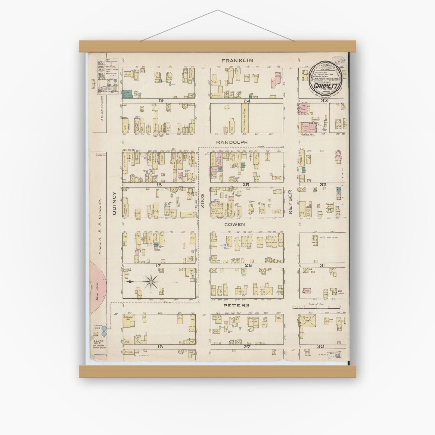 Old map wall art mockup — magnetic wood frame on white wall — Sanborn Fire Insurance Map from Garrett, De Kalb County, Indiana (1886), Sheet #0001