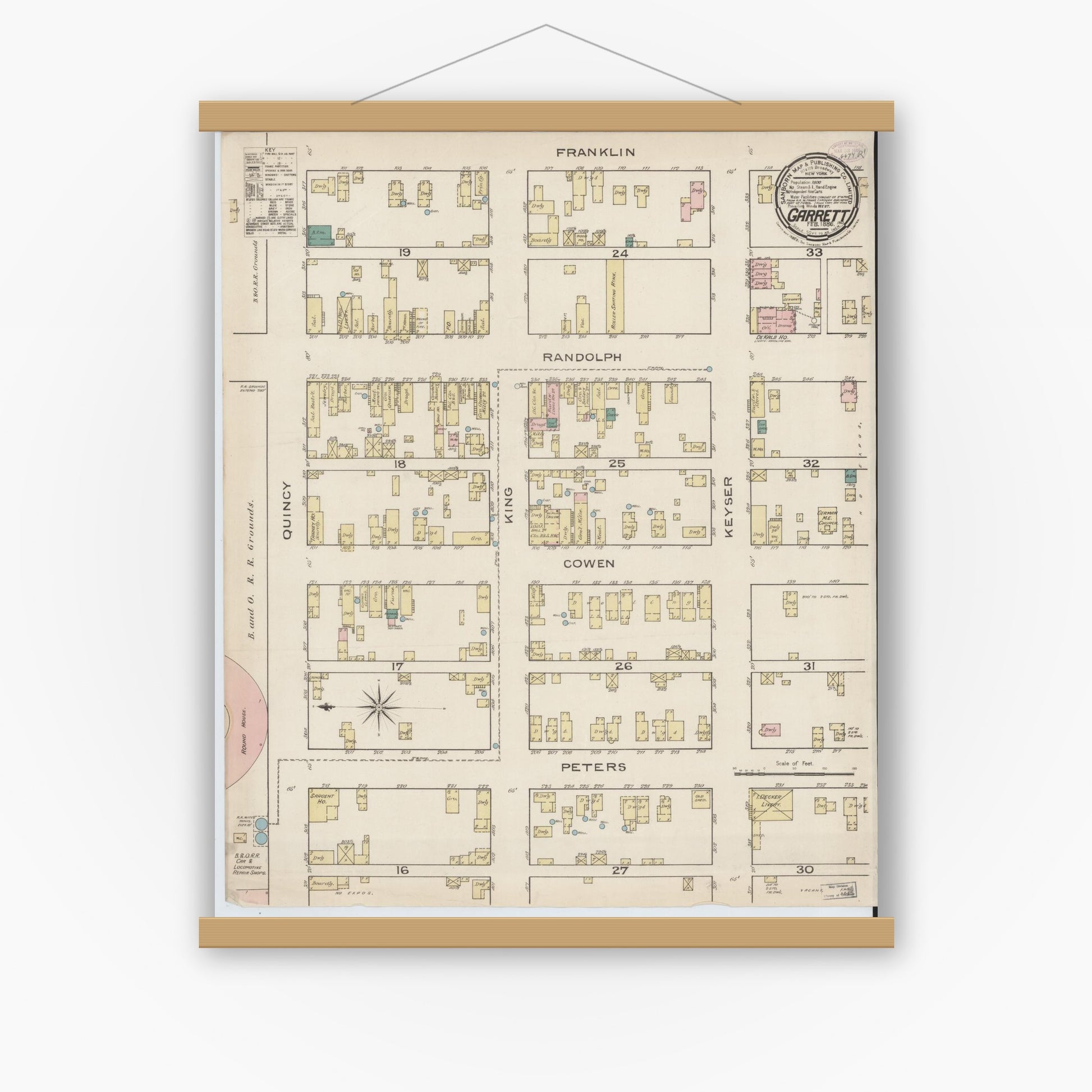 Old map wall art mockup — magnetic wood frame on white wall — Sanborn Fire Insurance Map from Garrett, De Kalb County, Indiana (1886), Sheet #0001