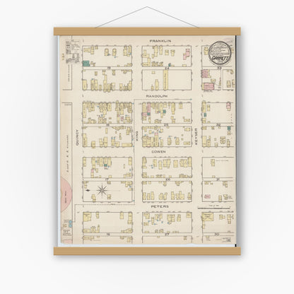 Old map wall art mockup — magnetic wood frame on white wall — Sanborn Fire Insurance Map from Garrett, De Kalb County, Indiana (1886), Sheet #0001