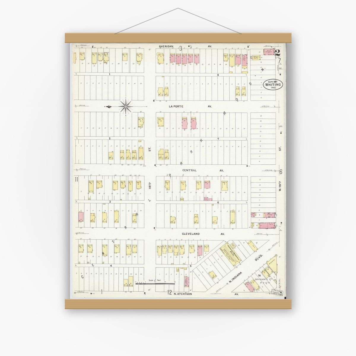 Old map wall art mockup — magnetic wood frame on white wall — Sanborn Fire Insurance Map from Whiting, Lake County, Indiana (1907), Sheet #0002
