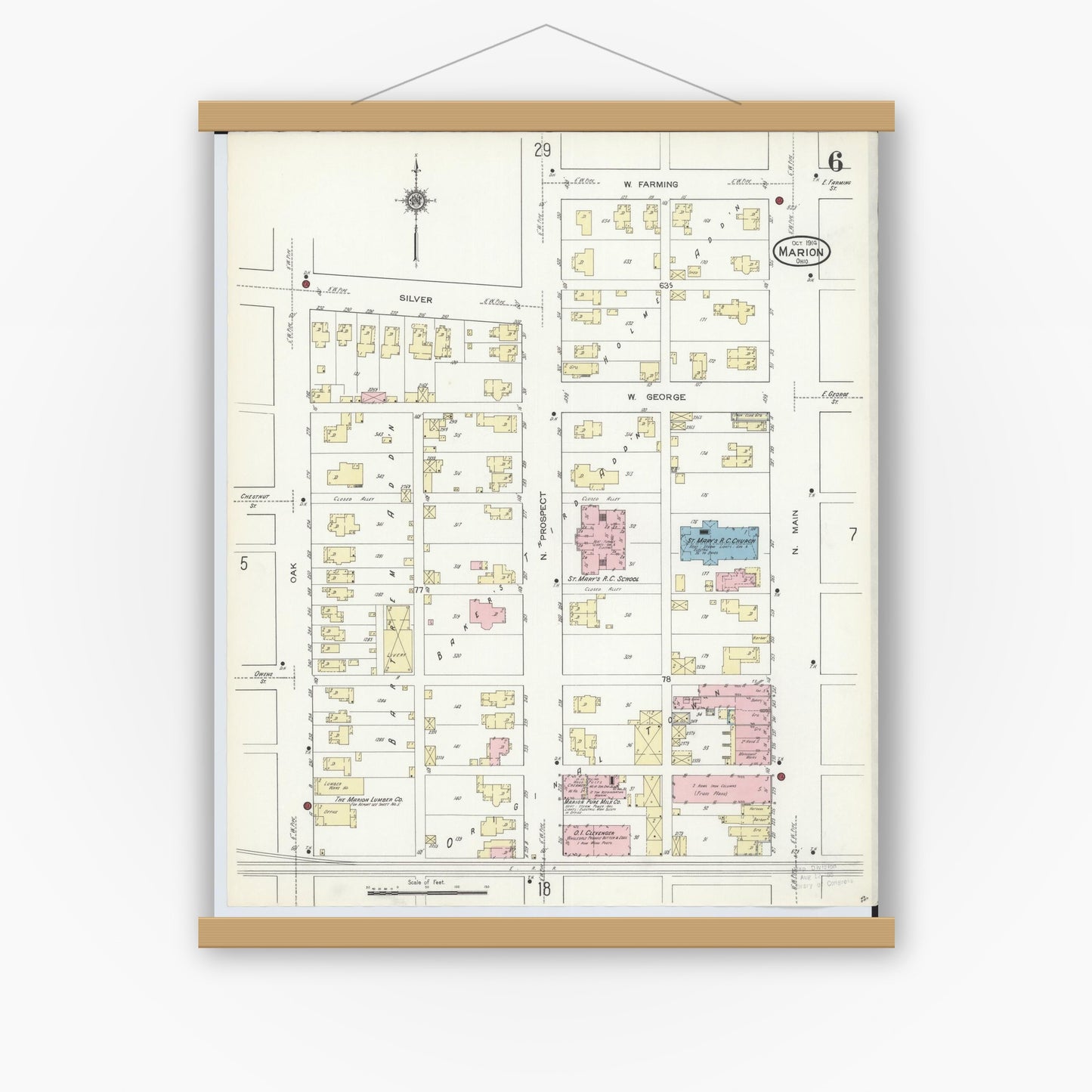 Old map wall art mockup — magnetic wood frame on white wall — Sanborn Fire Insurance Map from Marion, Marion County, Ohio (1914), Sheet #0006