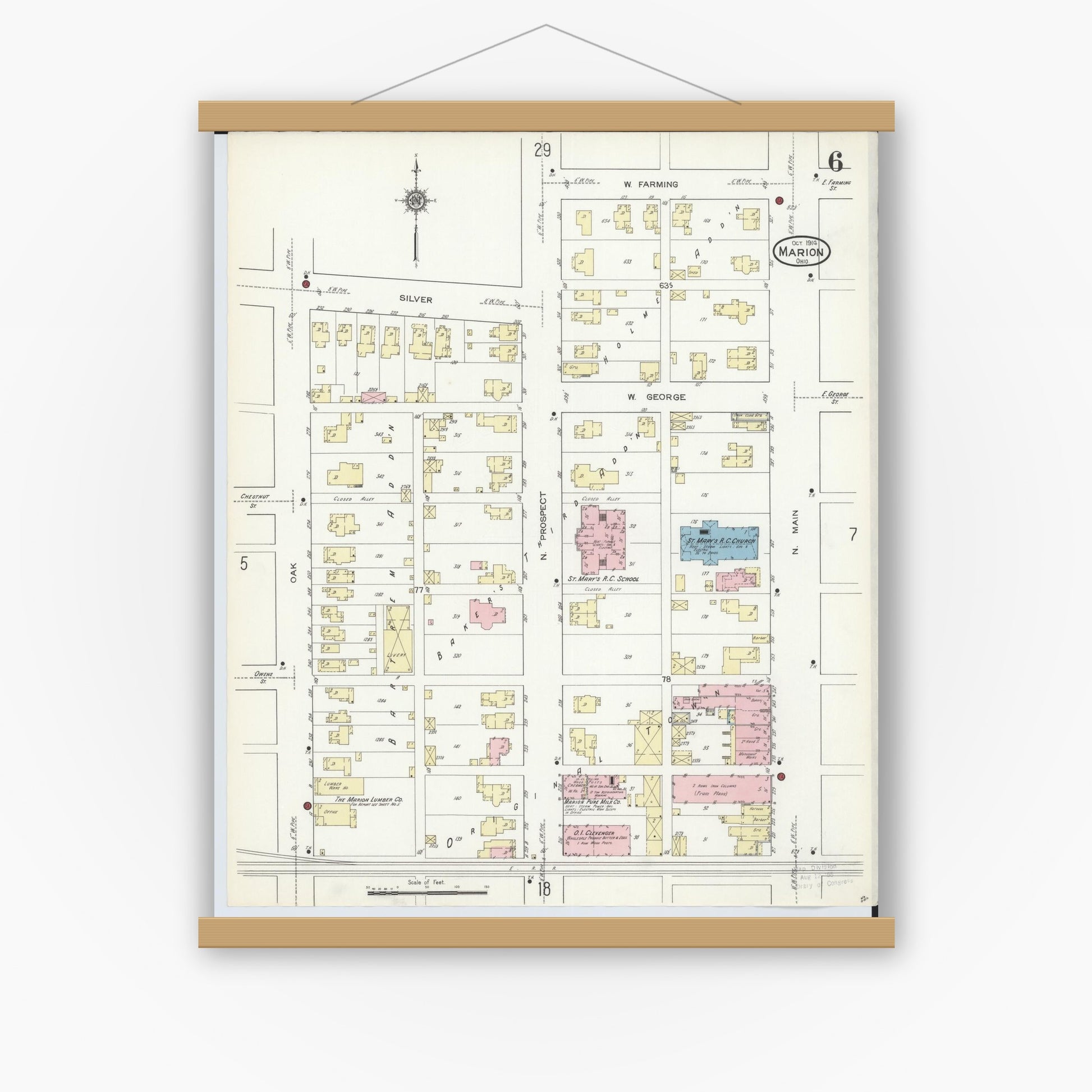 Old map wall art mockup — magnetic wood frame on white wall — Sanborn Fire Insurance Map from Marion, Marion County, Ohio (1914), Sheet #0006