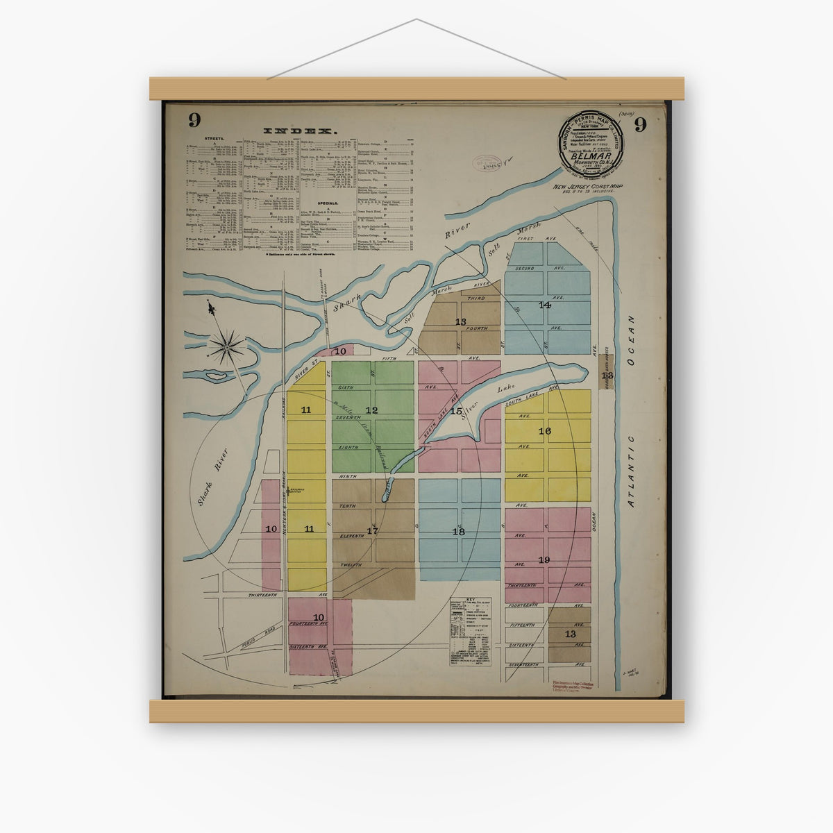 Old map wall art mockup — magnetic wood frame on white wall — Sanborn Fire Insurance Map from New Jersey Coast, New Jersey Coast, New Jersey (1890), Sheet #0009
