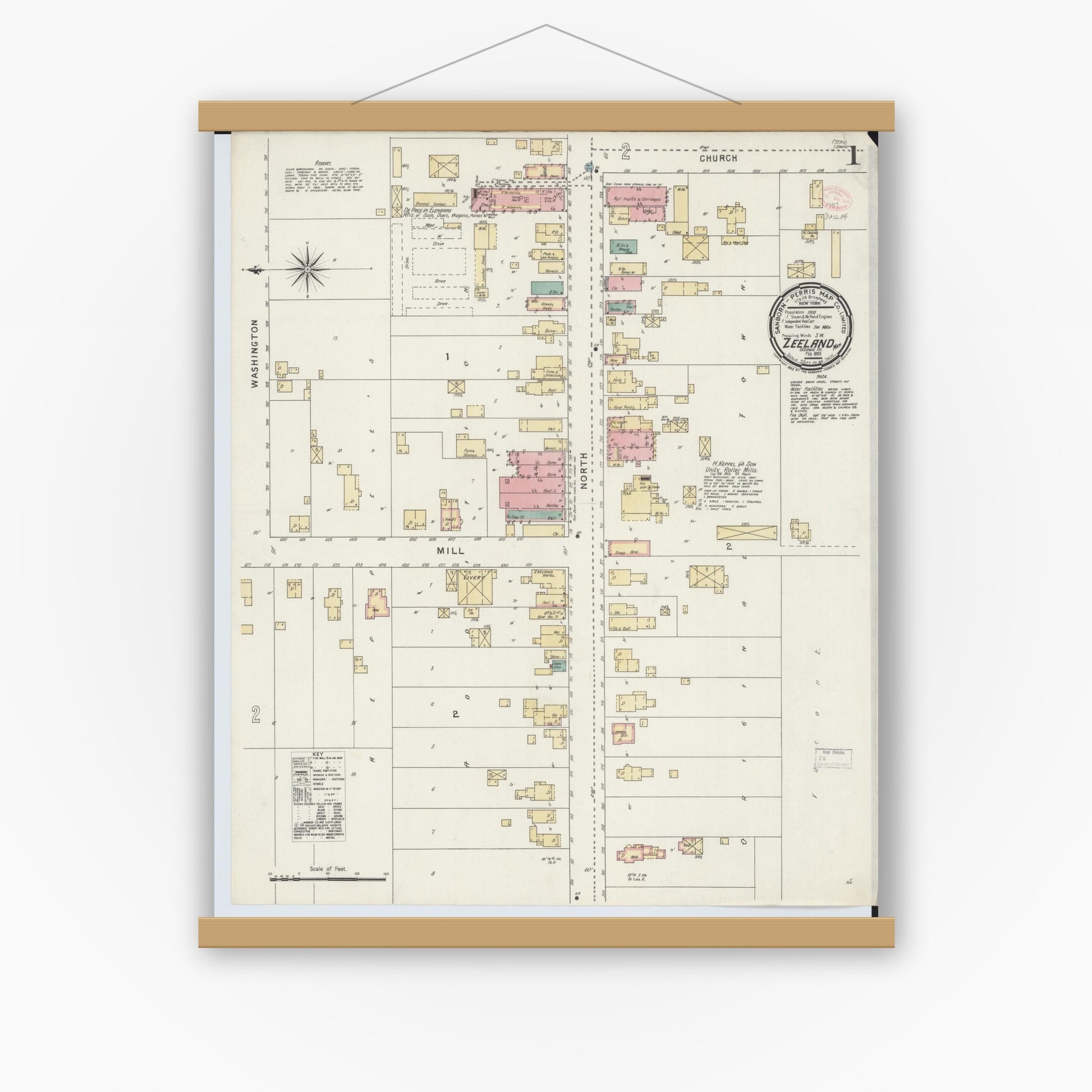 Old map wall art mockup — magnetic wood frame on white wall — Sanborn Fire Insurance Map from Zeeland, Ottawa County, Michigan (1895), Sheet #0001