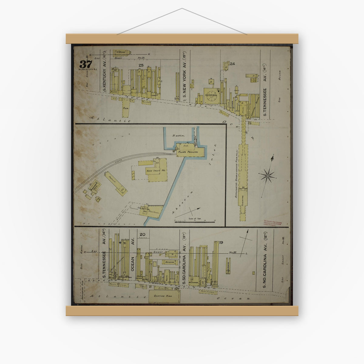 Old map wall art mockup — magnetic wood frame on white wall — Sanborn Fire Insurance Map from Atlantic City, Atlantic County, New Jersey (1886), Sheet #0037