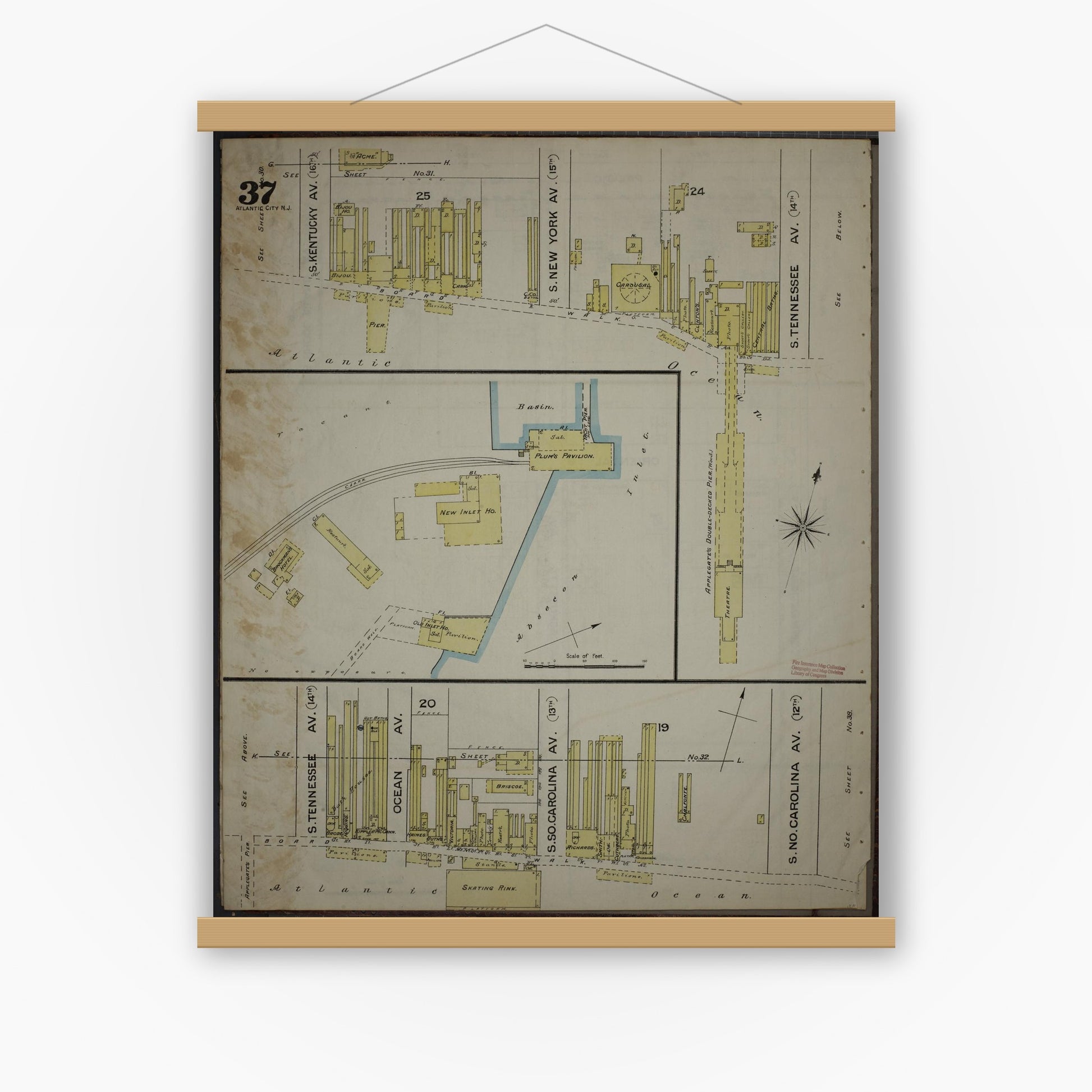 Old map wall art mockup — magnetic wood frame on white wall — Sanborn Fire Insurance Map from Atlantic City, Atlantic County, New Jersey (1886), Sheet #0037