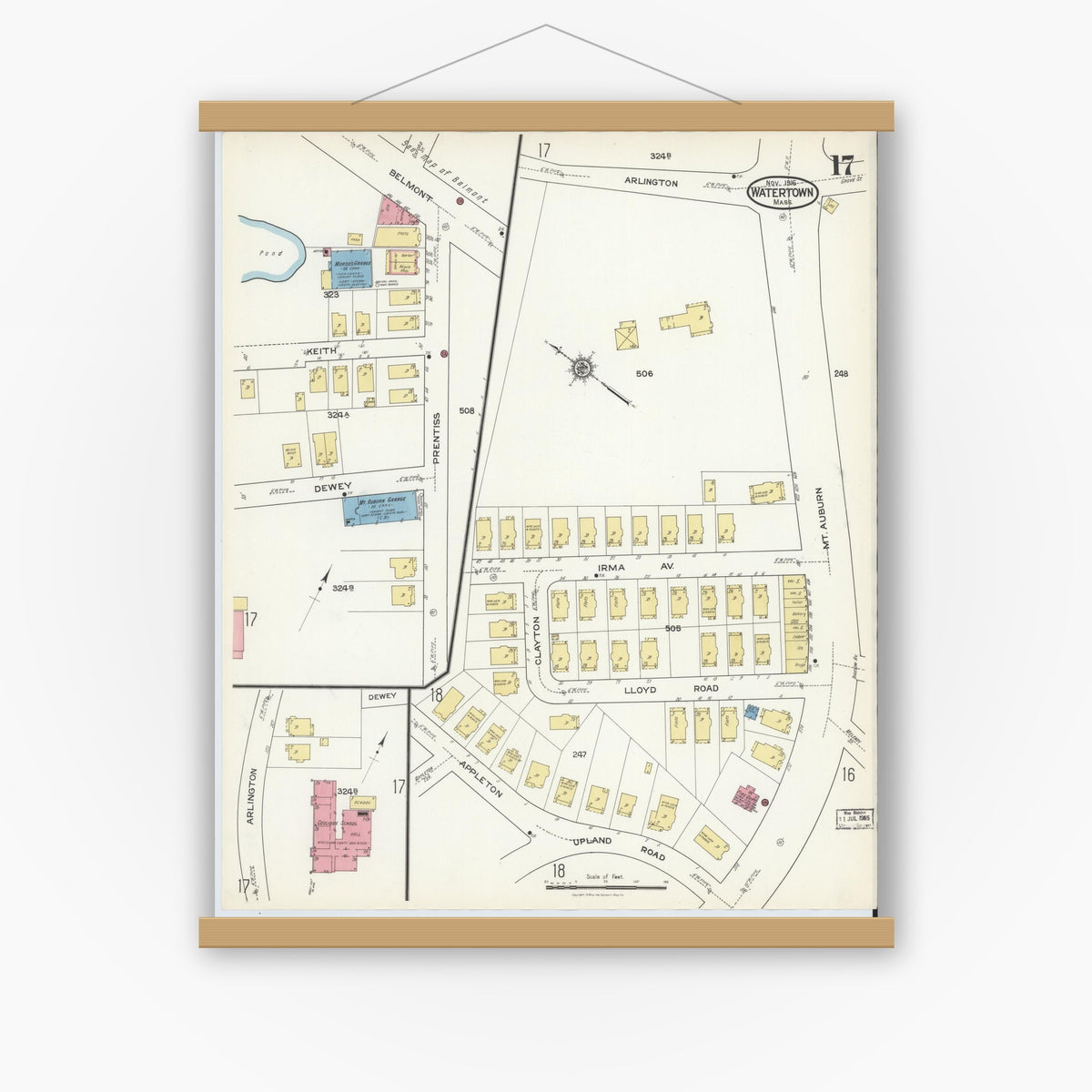 Old map wall art mockup — magnetic wood frame on white wall — Sanborn Fire Insurance Map from Watertown, Middlesex County, Massachusetts (1916), Sheet #0017
