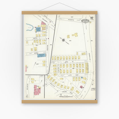 Old map wall art mockup — magnetic wood frame on white wall — Sanborn Fire Insurance Map from Watertown, Middlesex County, Massachusetts (1916), Sheet #0017