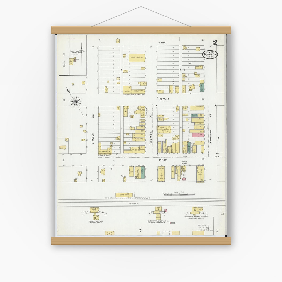 Old map wall art mockup — magnetic wood frame on white wall — Sanborn Fire Insurance Map from Fosston, Polk County, Minnesota (1905), Sheet #0002