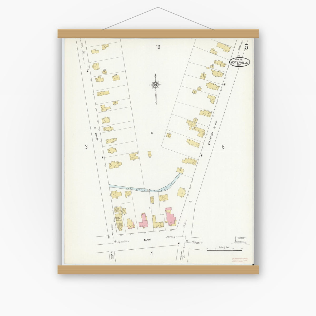 Old map wall art mockup — magnetic wood frame on white wall — Sanborn Fire Insurance Map from Waterville, Oneida County, New York (1912), Sheet #0005