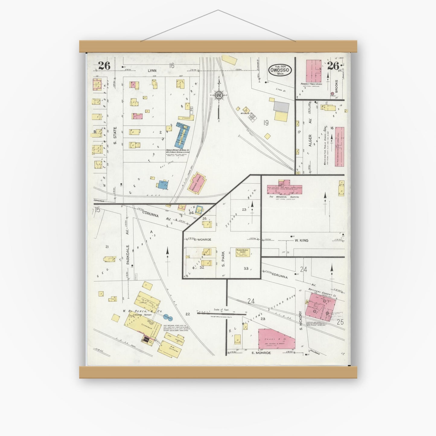 Old map wall art mockup — magnetic wood frame on white wall — Sanborn Fire Insurance Map from Owosso, Shiawassee County, Michigan (1924), Sheet #0026