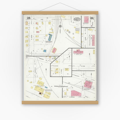 Old map wall art mockup — magnetic wood frame on white wall — Sanborn Fire Insurance Map from Owosso, Shiawassee County, Michigan (1924), Sheet #0026