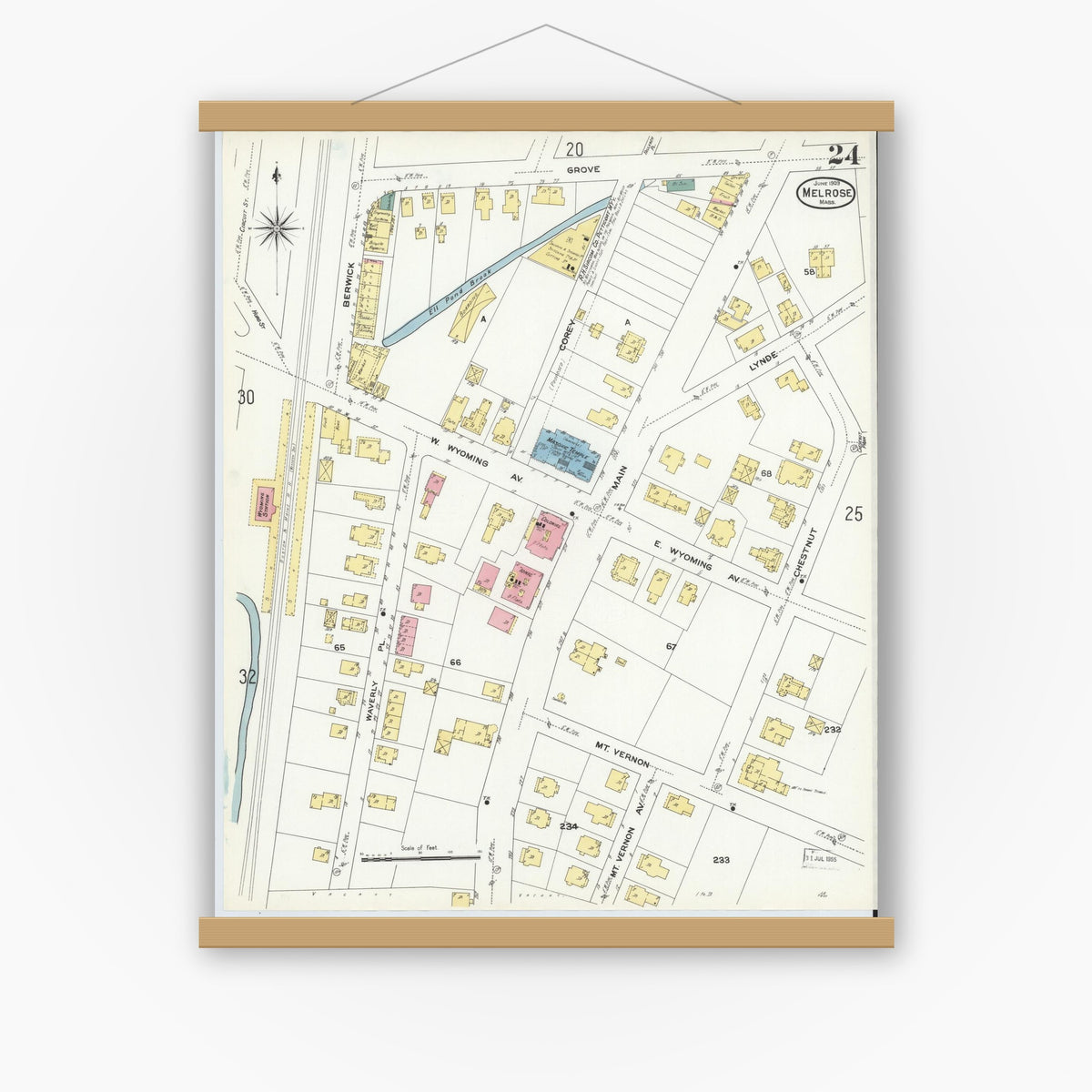 Old map wall art mockup — magnetic wood frame on white wall — Sanborn Fire Insurance Map from Melrose, Middlesex County, Massachusetts (1909), Sheet #0024