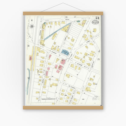 Old map wall art mockup — magnetic wood frame on white wall — Sanborn Fire Insurance Map from Melrose, Middlesex County, Massachusetts (1909), Sheet #0024