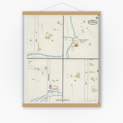 Old map wall art mockup — magnetic wood frame on white wall — Sanborn Fire Insurance Map from Patchogue, Suffolk County, New York (1891), Sheet #0009