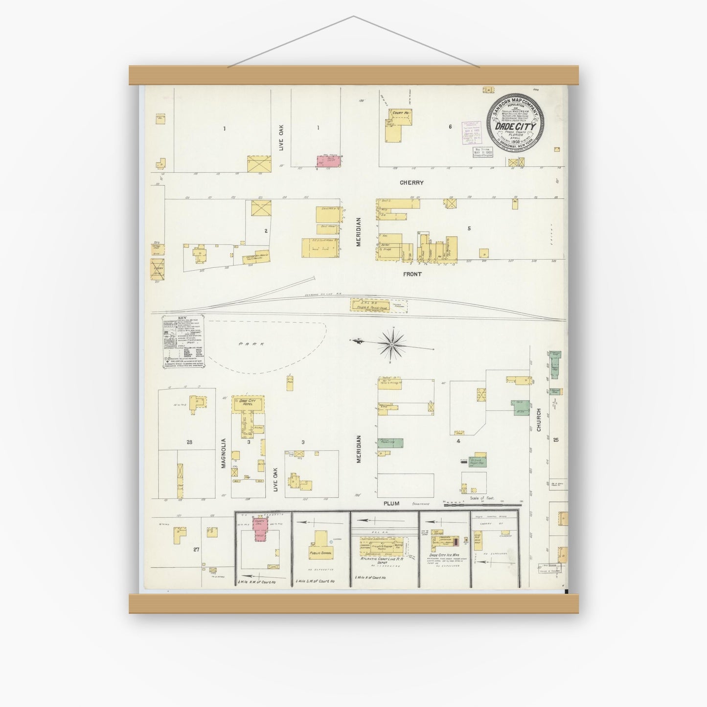 Old map wall art mockup — magnetic wood frame on white wall — Sanborn Fire Insurance Map from Dade City, Pasco County, Florida (1903), Sheet #0002