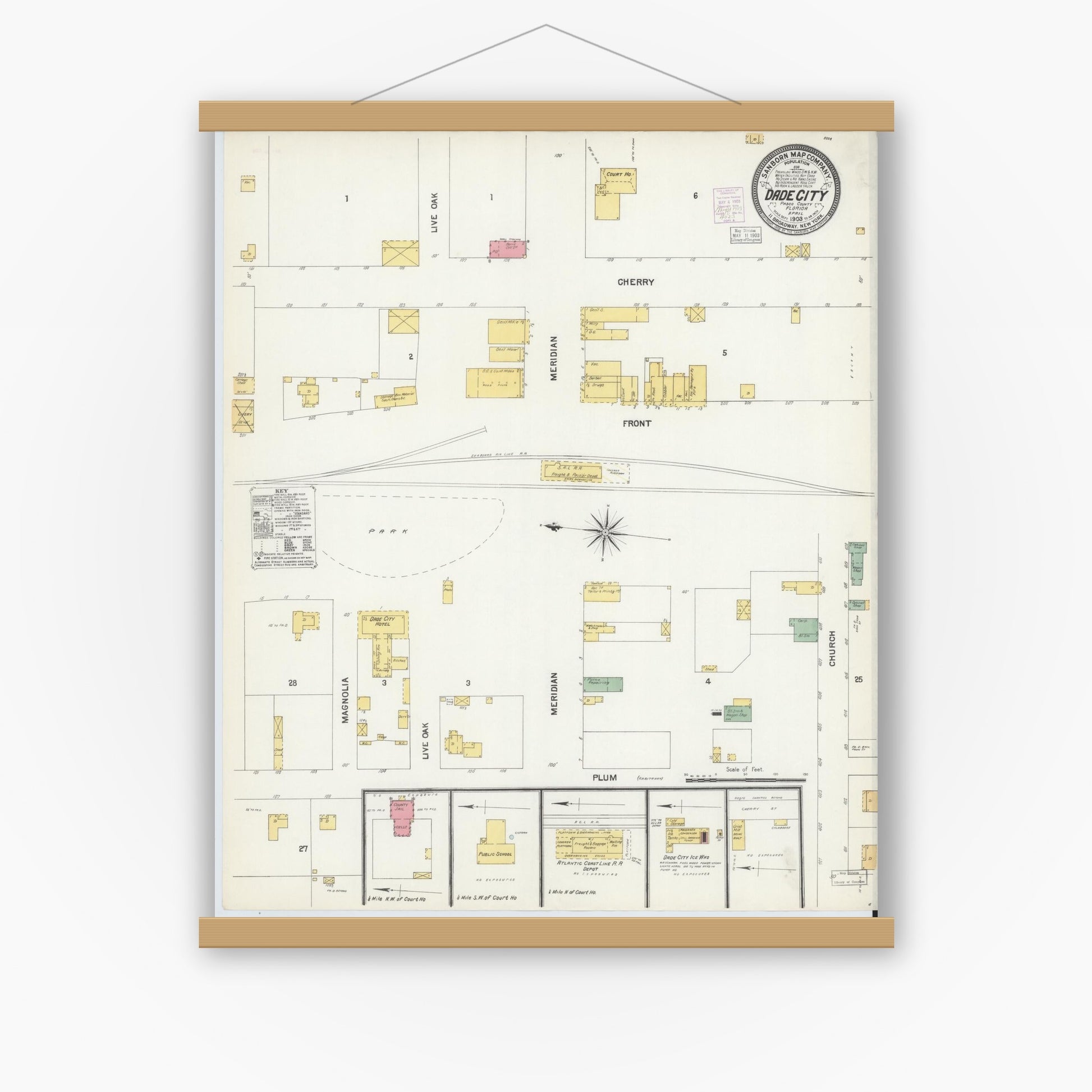 Old map wall art mockup — magnetic wood frame on white wall — Sanborn Fire Insurance Map from Dade City, Pasco County, Florida (1903), Sheet #0002