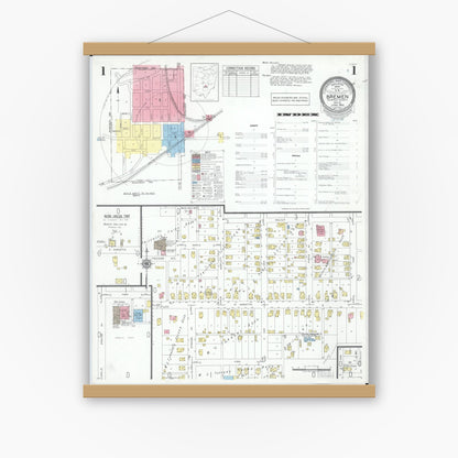 Old map wall art mockup — magnetic wood frame on white wall — Sanborn Fire Insurance Map from Bremen, Fairfield County, Ohio (1950) - Complete Map Set