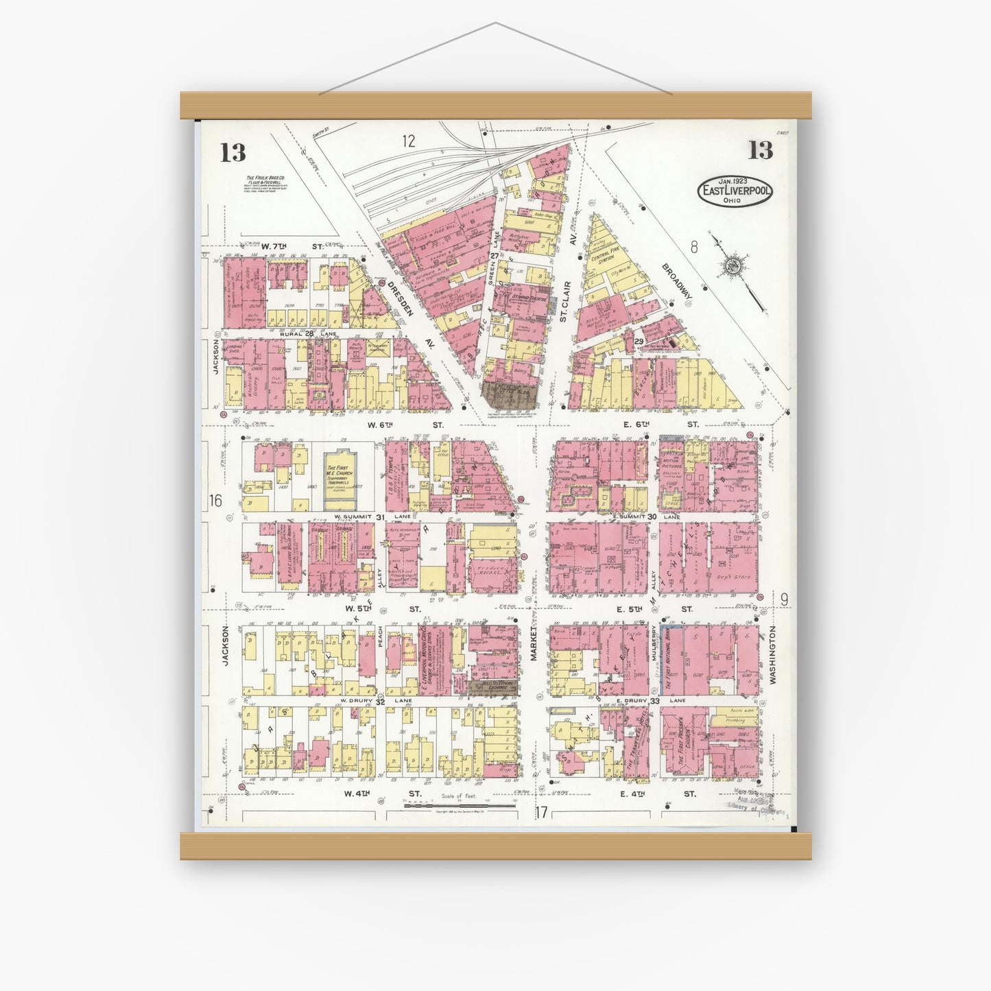Old map wall art mockup — magnetic wood frame on white wall — Sanborn Fire Insurance Map from East Liverpool, Columbiana County, Ohio (1923), Sheet #0013