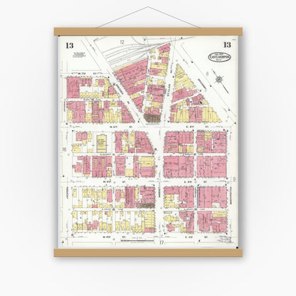 Old map wall art mockup — magnetic wood frame on white wall — Sanborn Fire Insurance Map from East Liverpool, Columbiana County, Ohio (1923), Sheet #0013