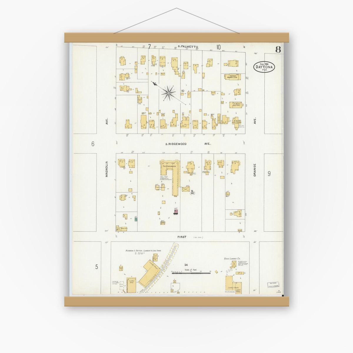 Old map wall art mockup — magnetic wood frame on white wall — Sanborn Fire Insurance Map from Daytona, Volusia County, Florida (1906), Sheet #0008