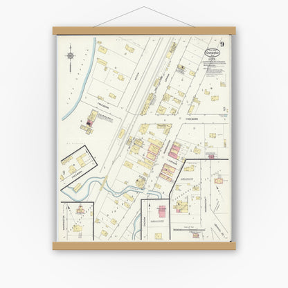 Old map wall art mockup — magnetic wood frame on white wall — Sanborn Fire Insurance Map from Shawano, Shawano County, Wisconsin (1913), Sheet #0009