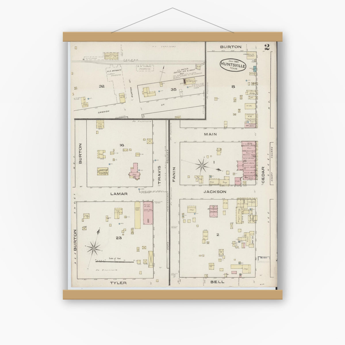 Old map wall art mockup — magnetic wood frame on white wall — Sanborn Fire Insurance Map from Huntsville, Walker County, Texas (1885), Sheet #0002
