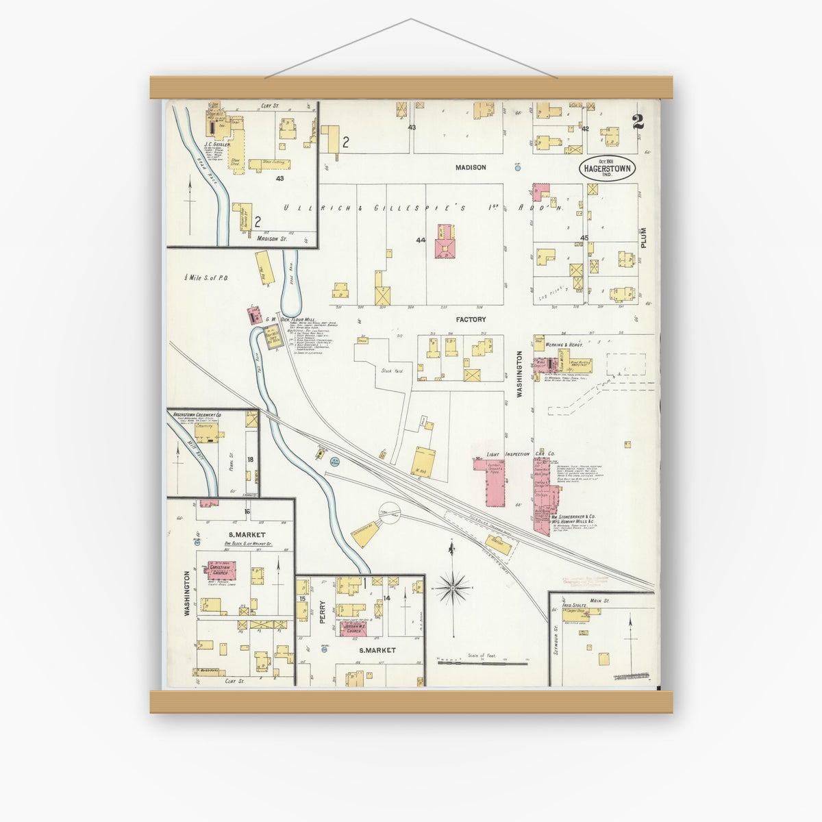 Old map wall art mockup — magnetic wood frame on white wall — Sanborn Fire Insurance Map from Hagerstown, Wayne County, Indiana (1901), Sheet #0002