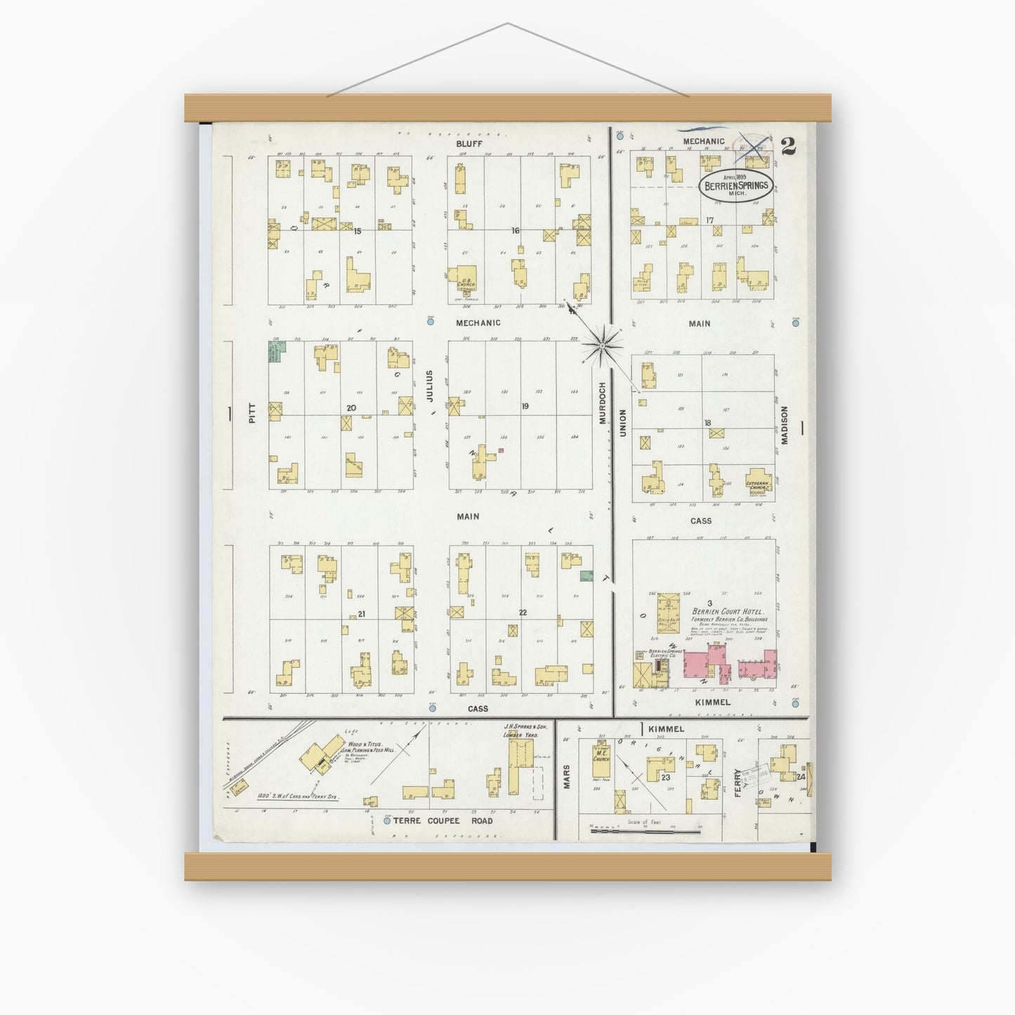 Old map wall art mockup — magnetic wood frame on white wall — Sanborn Fire Insurance Map from Berrien Springs, Berrien, Michigan (1899), Sheet #0002