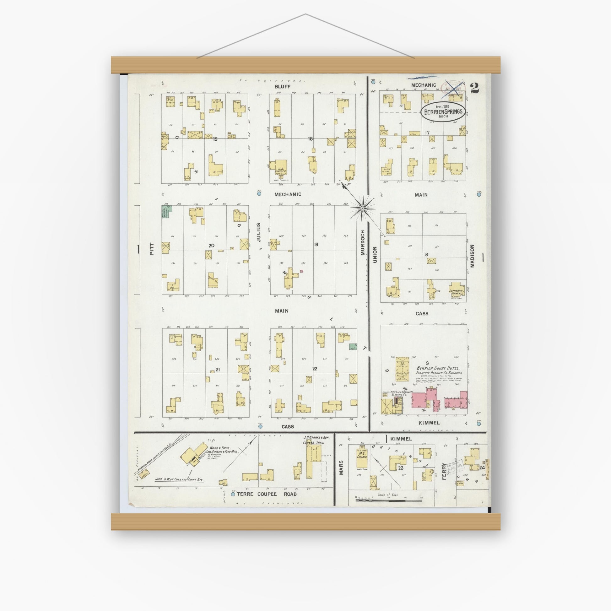 Old map wall art mockup — magnetic wood frame on white wall — Sanborn Fire Insurance Map from Berrien Springs, Berrien, Michigan (1899), Sheet #0002