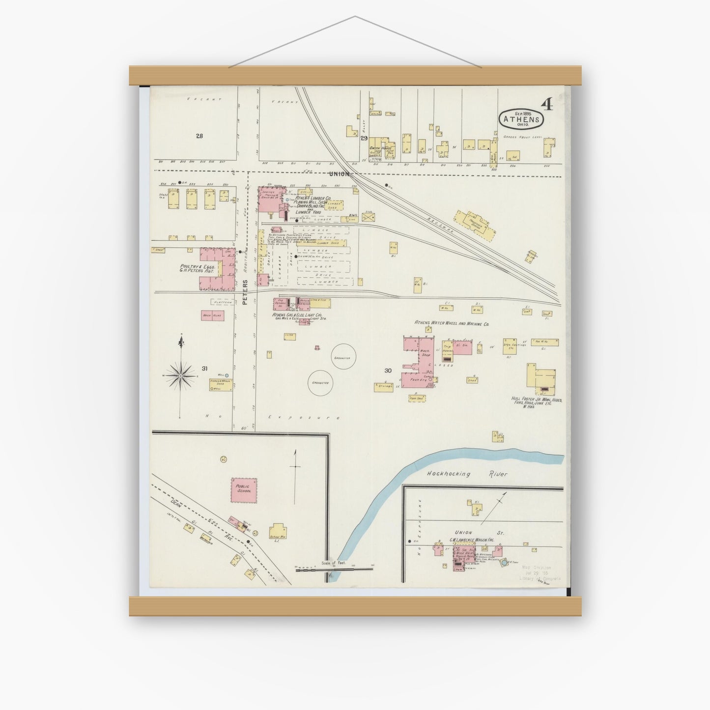 Old map wall art mockup — magnetic wood frame on white wall — Sanborn Fire Insurance Map from Athens, Athens County, Ohio (1895), Sheet #0004