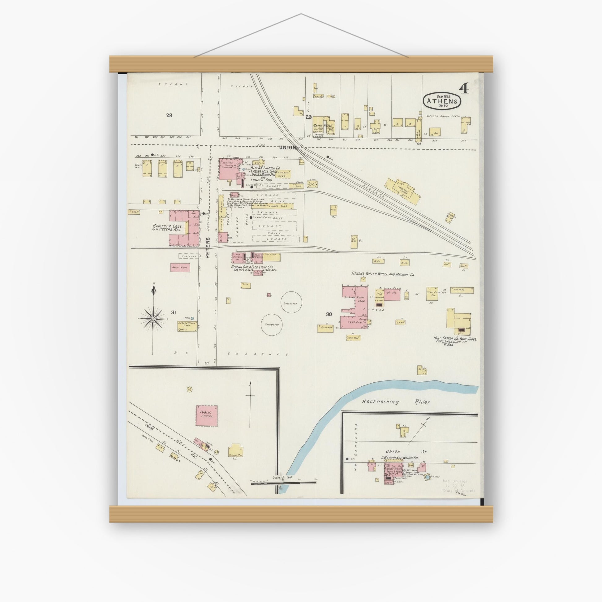 Old map wall art mockup — magnetic wood frame on white wall — Sanborn Fire Insurance Map from Athens, Athens County, Ohio (1895), Sheet #0004
