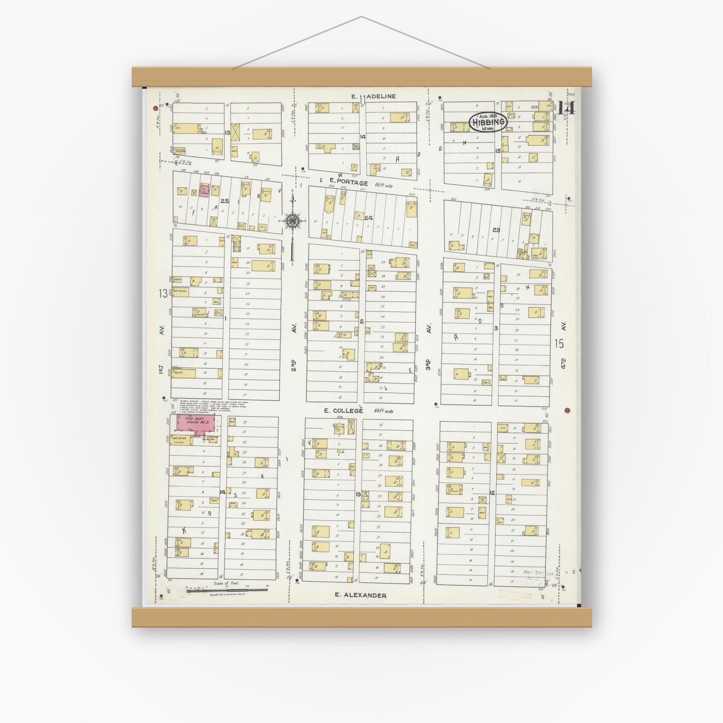 Old map wall art mockup — magnetic wood frame on white wall — Sanborn Fire Insurance Map from Hibbing, Saint Louis County, Minnesota (1921), Sheet #0014