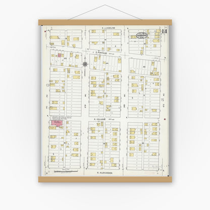 Old map wall art mockup — magnetic wood frame on white wall — Sanborn Fire Insurance Map from Hibbing, Saint Louis County, Minnesota (1921), Sheet #0014