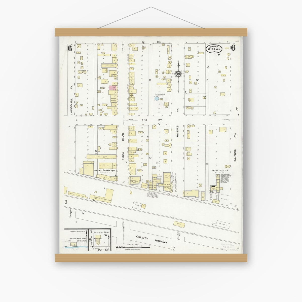 Old map wall art mockup — magnetic wood frame on white wall — Sanborn Fire Insurance Map from Weslaco, Hidalgo County, Texas (1925), Sheet #0006